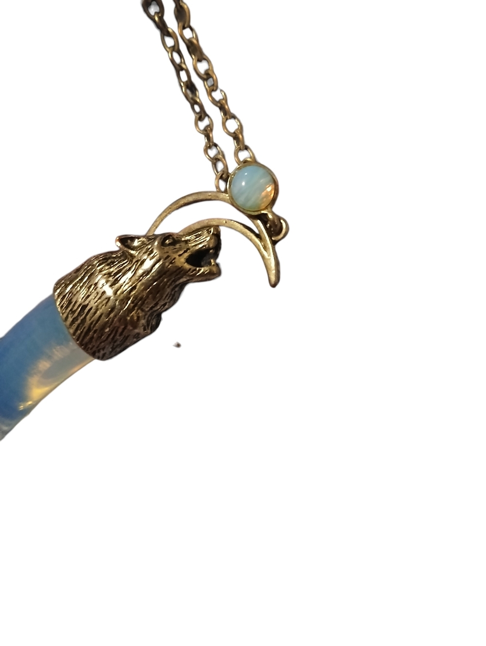 Wolf Crescent Moon Necklace with Blue Opal Pendant - Picture 4 of 10